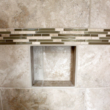 Master Bath Beige/Brown Porcelain Tiled Shower, White Vanity with Vessel Sink