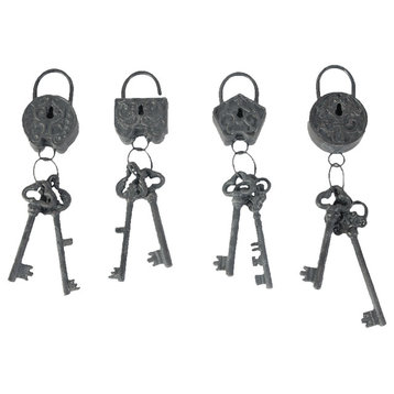 Cast Iron Decorative Skeleton Keys & Lock, Set of 4