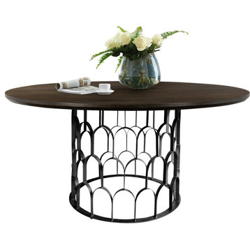 Gatsby Oak and Metal Round Dining Table, Dark Gray Dark Gray Oak Veneer
