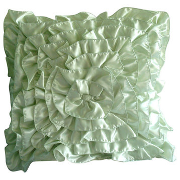 Vintage Style Ruffles Green Satin Throw Pillow Covers 16x16, Mint Green Ruffles