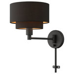 Livex Lighting - Livex Lighting Sentosa 1-Light Black Swing Arm Wall Lamp - The one-light black finish Sentosa swing arm wall lamp has a modern and retro appeal. The hand-crafted black fabric hardback drum shades are set off by an inner silky orange fabric which creates a versatile effect. Perfect fit for the living room, dining room, kitchen or bedroom.