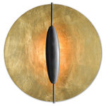 Currey & Company - Pinders Wall Sconce - With implied planetary grace, the Pinders Wall Sconce hints at orbiting celestial beings while striking a solid contemporary stance. Sculpted of wrought iron, the full-moon shaped orb has been treated to contemporary gold leaf finish to enhance the glow. The striking ornamentation that hides the light source is in a French black finish to bring the composition a powerful contrast. This sconce is certified for damp locations. We also offer the Pinders in a flush mount.