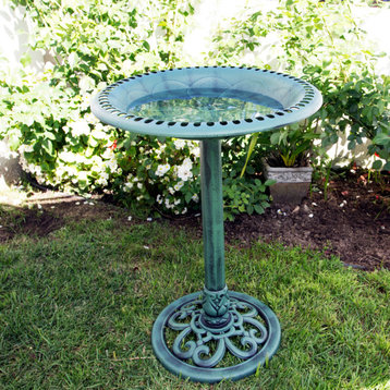 28" Tall Outdoor Birdbath with Scrollwork Decoration Yard Statue