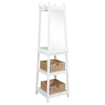Linon Aila Wood Swivel Coat Rack with Mirror Hooks Shelves and Baskets in White