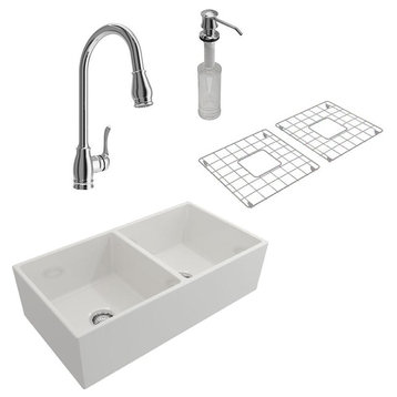 Bocchi Contempo 36D Fireclay Farmhouse Sink White With Faucet All In One