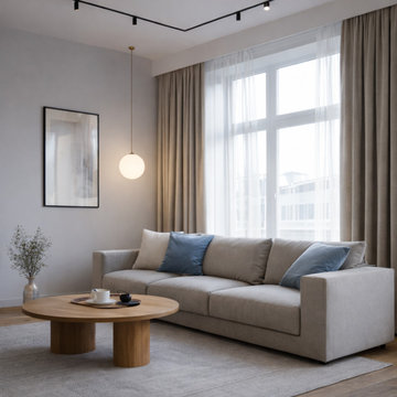 Projekt 4.08   Modernes Wohnzimmer mit Küche in einer Stadtwohnung für eine Fami