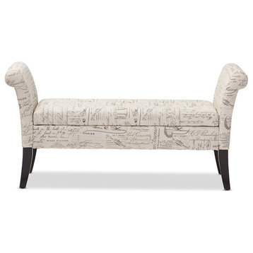 Avignon Script-Patterned French Laundry Fabric Storage Ottoman Bench, Beige