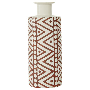 5"x12" Cylinder Boho Style Tribal Pattern Large White Ceramic Vase