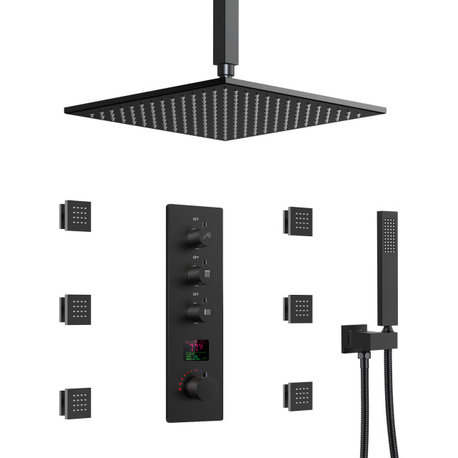 LED Digital Display Thermostatic Shower System with Body Jets,Hand Shower, Matte Black, 12"