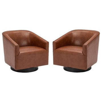Home Square Faux Leather and Wood Base Accent Chair in Caramel - Set of 2