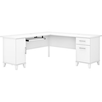 L-Shaped Desk, Keyboard Tray & Cabinet/Drawers With Metal Pulls, White