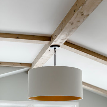 Antique White Oak Box Beams Vaulted Ceiling Detail in a Modern Dining Room