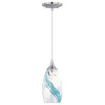 Vaxcel - Milano 4.75" Mini Pendant Caribbean Swirl Glass Satin Nickel - Beauty and pizzazz come together in this stunning addition to the Milano art glass collection. Artfully designed with blue and white painterly swirl, this ceiling mount pendant light features a satin nickel finish. Combine that with a vintage Edison style filament bulb to complete the look. Install this mini pendant individually or in a group; ideal for kitchens, dining areas, or bar areas.