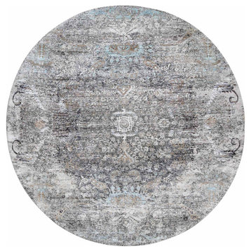 Gray, Silk with Textured Wool, Hand Knotted, Modern, Round, Rug, 11'10" x 11'10"