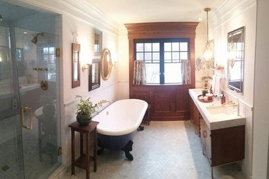 Example of a mid-sized classic master white tile mosaic tile floor and gray floor bathroom design in Baltimore with furniture-like cabinets, dark wood cabinets, white walls, an undermount sink and a hinged shower door