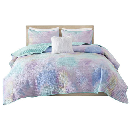 Watercolor Tie Dye Printed Quilt Set with Throw Pillow