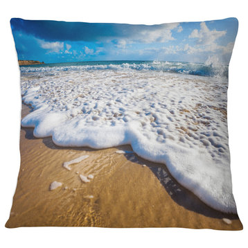 Foaming Ocean Waves on Sand Seascape Throw Pillow, 18"x18"