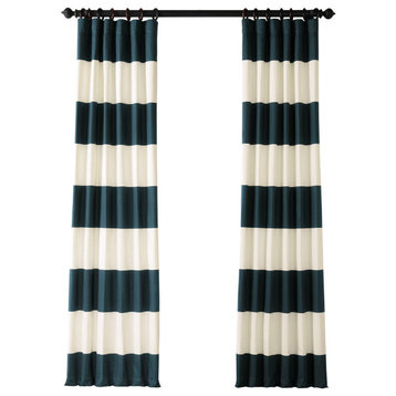 Dusk Blue & Off-White Horizontal Stripe Cotton Curtain, 50"x84"