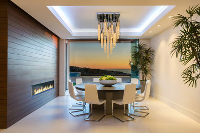 Design ideas for a large contemporary separate dining room in Orange County with white walls, a ribbon fireplace, a wood fireplace surround, beige floor and concrete floors.