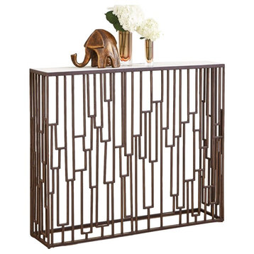 Layered Bronze Metal Open Geometric Console Table White Marble Slim Thin Narrow