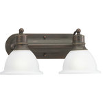 Progress Lighting - Madison 2-Light Bath Light, Antique Bronze - Antique Bronze Two-light wall bracket with white etched glass. Glass in a clean, simple domed shape provides even, diffused illumination. Fixture can be installed facing upwards or downwards.