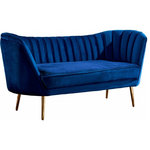 Meridian Furniture - Margo Velvet Upholstered Set, Navy, Loveseat - Lean back and lounge in luxurious style on this stunning Margo navy velvet loveseat by Meridian Furniture. This contemporary loveseat features plush velvet upholstery that is both classy and sumptuous against your skin, a single seat cushion and rounded arms that curve into a low, rounded back, creating a perfect, modern piece for your home. Gold stainless steel legs support this loveseat and provide stunning contrast to the loveseat's plush, navy fabric.