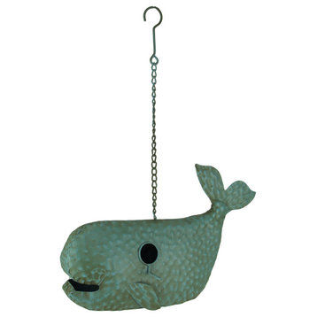 Blue Metal Art Dimpled Whale Shaped Outdoor Hanging Birdhouse Sculpture 17 inch
