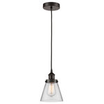 Innovations Lighting - Innovations 616-1PH-OB-G62 1-Light Mini Pendant, Oil Rubbed Bronze - Innovations 616-1PH-OB-G62 1-Light Mini Pendant Oil Rubbed Bronze. Collection: Edison. Style: Industrial, Farmhouse, Restoration-Vintage, Transitional. Metal Finish: Oil Rubbed Bronze. Metal Finish (Canopy/Backplate): Oil Rubbed Bronze. Material: Steel, Cast Brass, Glass. Dimension(in): 8(H) x 6(W) x 6(Dia). Min/Max Height (Fixture Height with Cord or Included Stems and Canopy)(in): 13/131. Wire/Cord: 10 Feet Of Black Fabric Cord. Bulb: (1)60W Medium Base,Dimmable(Not Included). Maximum Wattage Per Socket: 100. Voltage: 120. Color Temperature (Kelvin): 2200. CRI: 99. 9. Lumens: 220. Glass Shade Description: Clear Small Cone. Glass or Metal Shade Color: Clear. Shade Material: Glass. Glass Type: Transparent. Shade Shape: Cone. Shade Dimension(in): 6. 25(W) x 5. 75(H). Fitter Measurement (Glass Or Metal Shade Fitter Size): 3. 25 inch Fitter. Canopy Dimension(in): 4. 75(Dia) x 1(H). Sloped Ceiling Compatible: Yes. California Proposition 65 Warning Required: Yes. UL and ETL Certification: Damp Location.