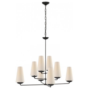 Fontaine Large Offset Chandelier, 8-Light, Aged Iron, Linen Shade, 39"W