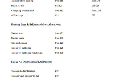 Alterations Price List