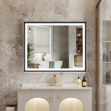 Beveled Bathroom LED Mirror Framed, Backlit and Front Light, Matte Black, 40"x32"