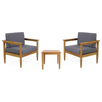 3 Pieces Patio Set, Acacia Wood Side Table & Cushioned Armchairs, Teak/Dark Gray