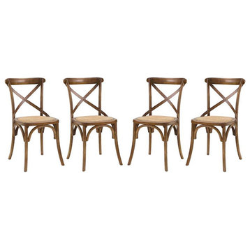 Modway Gear 18.5" Elm Wood and Rattan Dining Side Chair in Walnut (Set of 4)