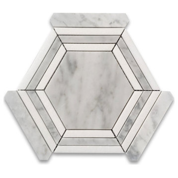 Carrara White Marble 5 Hexagon Georama Mosaic Tile Thassos Strip Honed, 1 sheet