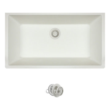 848 Large Single Bowl Quartz Kitchen Sink, White, Colored Strainer