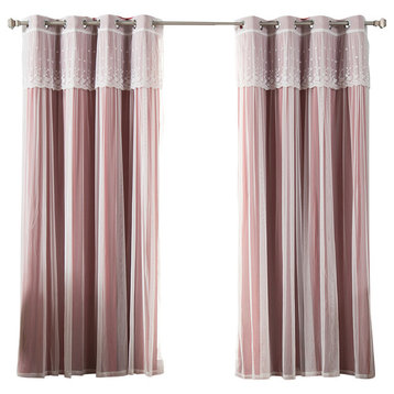 Tulle Sheer With Attached Valance and Solid Blackout Curtains, Cardinal Red, 84"