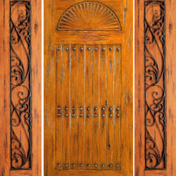 Knotty Alder Exterior Prehung Door with Two Sidelights, Carved - Front Doors