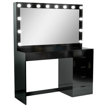 Modern Vanity Table, Multiple Drawers & Large Mirror With Dimmable Lights, Black