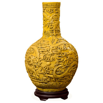 Imperial Porcelain Temple Vase, Yellow Glaze, With Stand