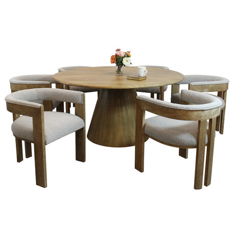 Jaden 7-Piece 60" Dining Set With 6 Trish Silver Boucle Arm Chairs