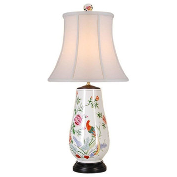 Beautiful Chinese Vase Floral Peacock Bird Motif Porcelain Table Lamp, 31"