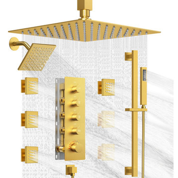 Thermostatic Dual Heads Rain Shower Faucet with Rough-In Valve & 6 Body Jets, Brushed Gold, 16 in. X 6 in.