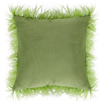 Square Green Throw Pillow with Feather Trim