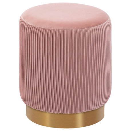 Round Pleated Golden Base Velvet Ottoman, Salmon Pink