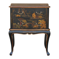 Chinese Oriental Black Gold Lacquer Scenery Graphic Credenza Side Table - Accent Chests And Cabinets