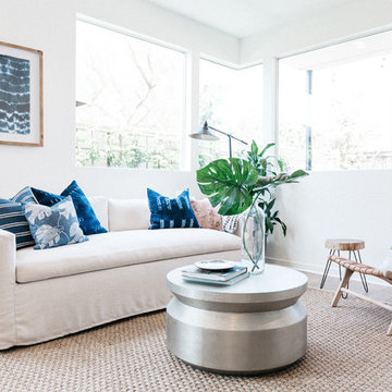 Beach Coastal Blue Modern Living Room with Shibori Pillows