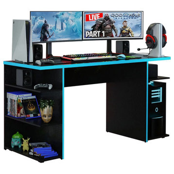 Modern Desk, Wooden Construction With Multiple Open Shelves & Large Top, Blue