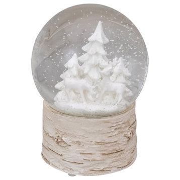 5" White Reindeer and Christmas Tree Snow Globe on Birch Base