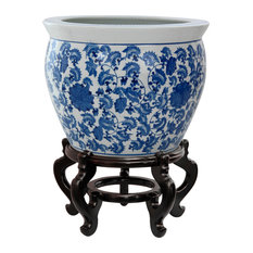16" Floral Blue and White Porcelain Fishbowl
