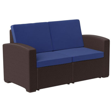 Seneca Faux Rattan Loveseat with All-Weather Cushions, Brown/Navy